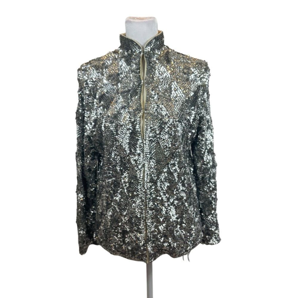 Unique Vintage Ladies Silver‎ Sequin Japanese Collar Jacket Size Small/Medium